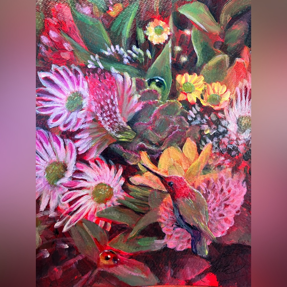 Floral hummingbird original painting garden art ladybugs flowers surreal realism
